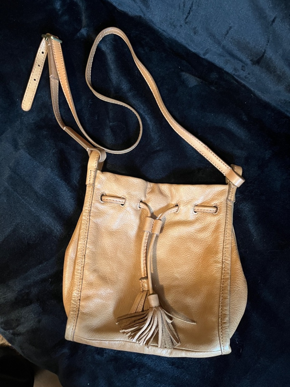 Fossil Tan Leather Tassel Drawstring Crossbody Bag